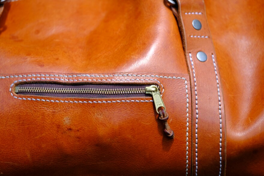 Duffle bag close up patina.